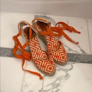 Tory Burch Orange and Cream Geometric Espadrille Wedges with Ankle Wrap